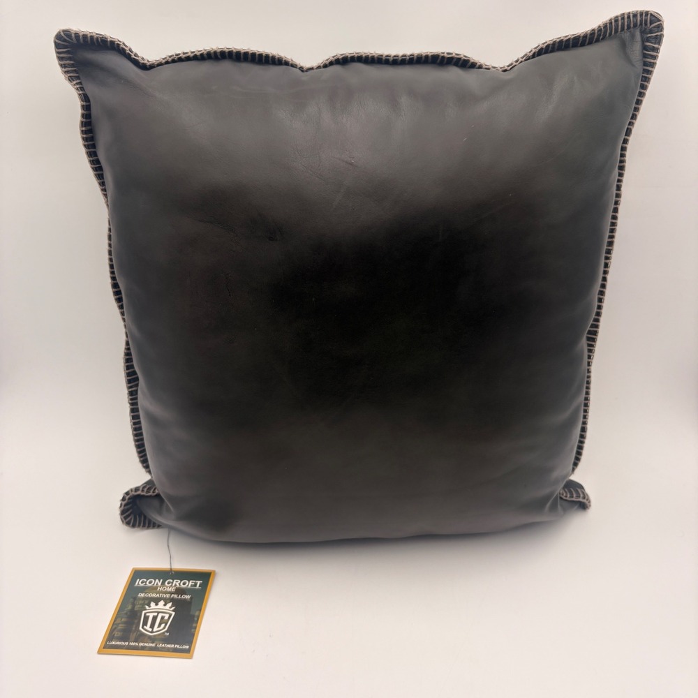 ICON CROFT HOME Luxurious Genuine‎ Leather Decorative Pillow Dark Brown Square